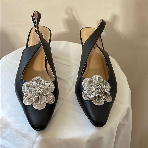 Angel Steps Elegant Black Slingback Heels with Floral Accent - Picture 1 of 10